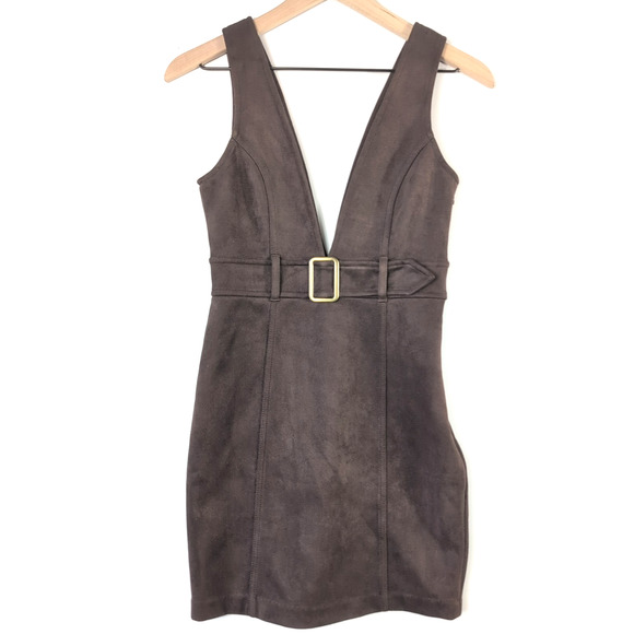 Forever 21 Brown Faux Suede Mini Dress S Belted Overall Y2K Retro Indie - Picture 1 of 15